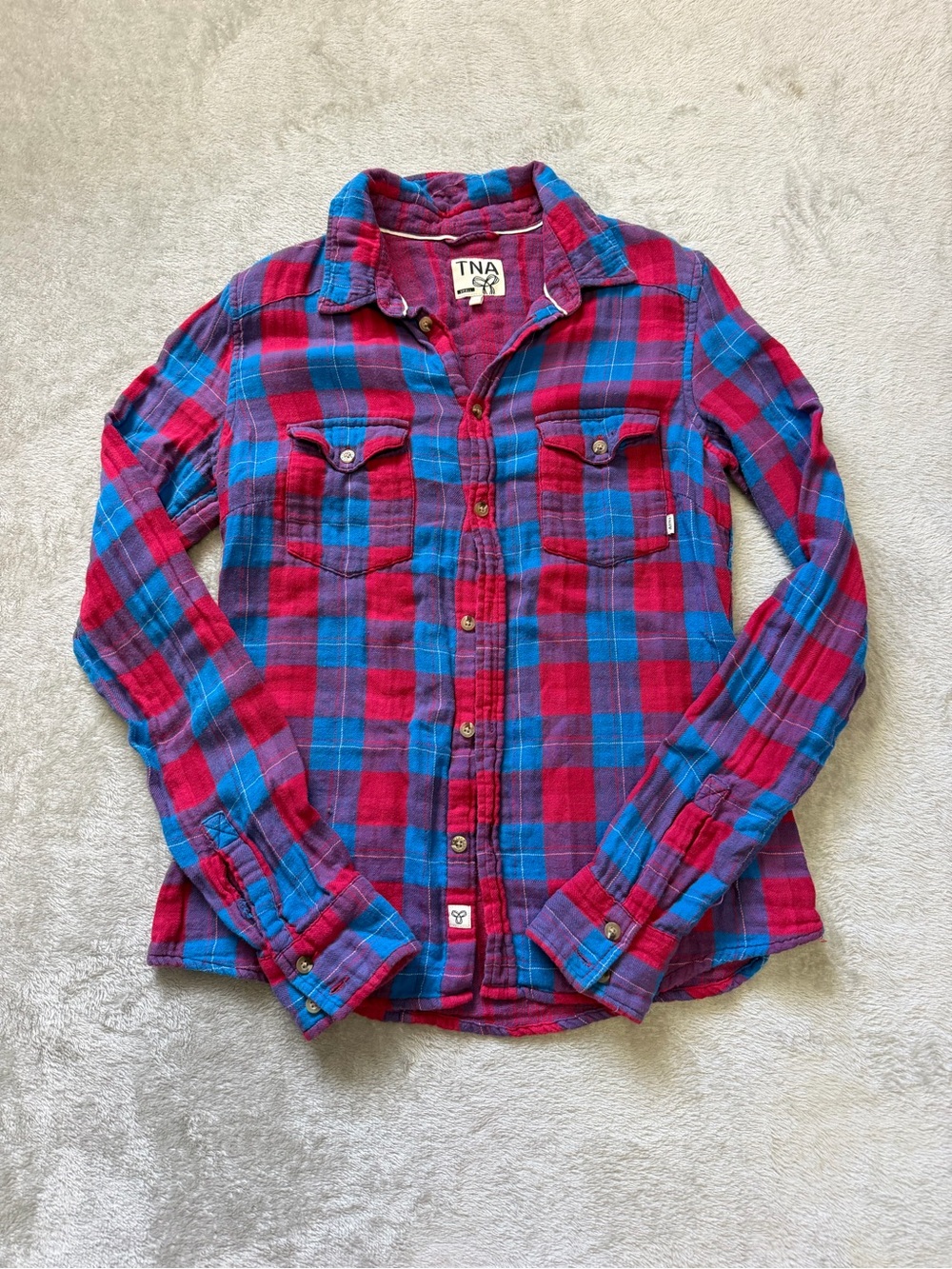 TNA Women's Red and Blue Plaid Long-Sleeve Button-Down